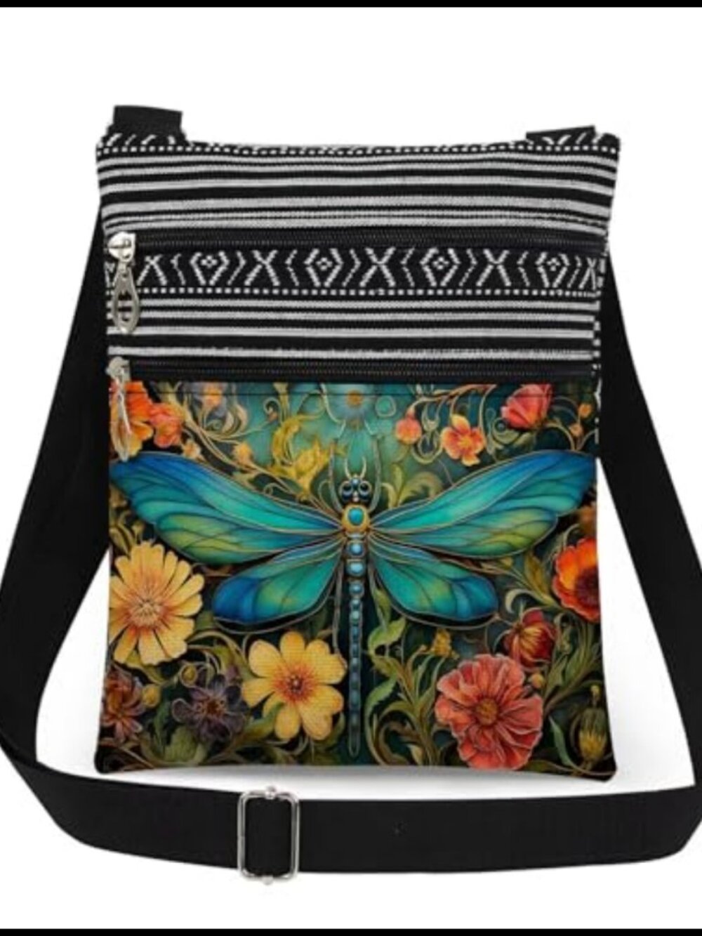 Dragonfly Polyester Crossbody Bag Adjustable Strap Double Zipper Sling